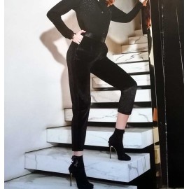 Leggings donna Matignon in velluto liscio con bande laterali in raso