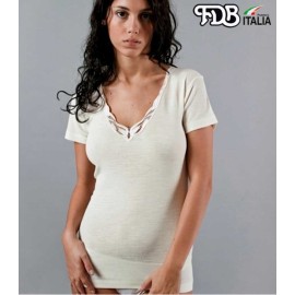 T-shirt donna FDB manica corta in caldo misto lana con girocollo in pizzo