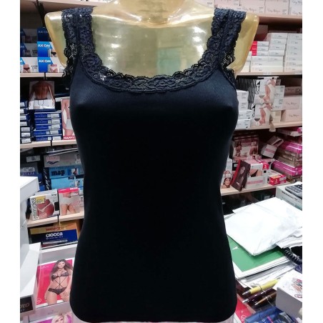 Canottiera donna Adriana a costina con spalline e profili in pizzo