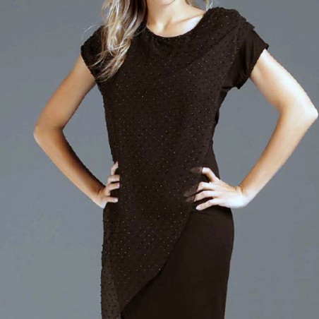 Vestito donna Jadea in viscosa con fronte doppiato in tulle pois e strass