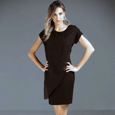 Vestito donna Jadea in viscosa con fronte doppiato in tulle pois e strass