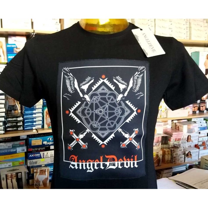 T-shirt uomo Angel Devil manica corta a girocollo con logo cucito grande frontale
