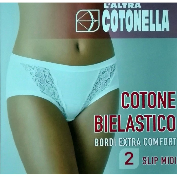2 Slip da donna Cotonella Midi in cotone elasticizzato con inserti in pizzo