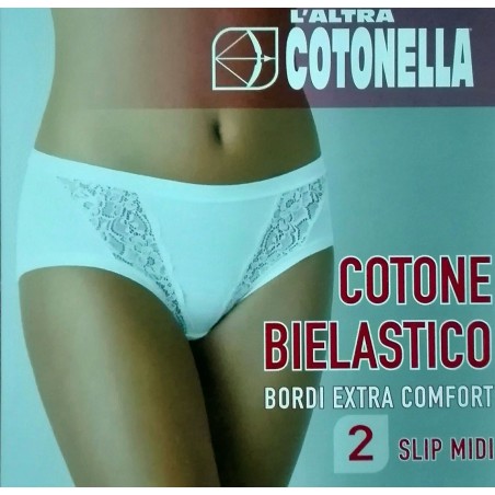 2 Slip da donna Cotonella Midi in cotone elasticizzato con inserti in pizzo