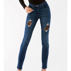 Leggings donna Matignon jeans in cotone con rotture chiuse in pizzo