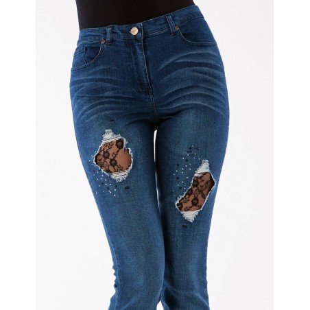 Leggings donna Matignon jeans in cotone con rotture chiuse in pizzo