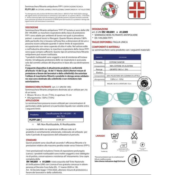 Mascherine FFP1 in cotone - 2 Pezzi
