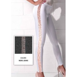 Leggings Love and Bra in denim jeans con banda laterale di paillettes