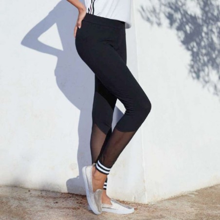 Leggings donna Jadea in cotone con trasparenze in tulle e polsino rigato