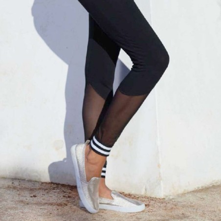 Leggings donna Jadea in cotone con trasparenze in tulle e polsino rigato