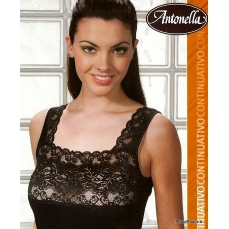 Canottiera donna Antonella a spalla larga in lana cotone con balza di pizzo