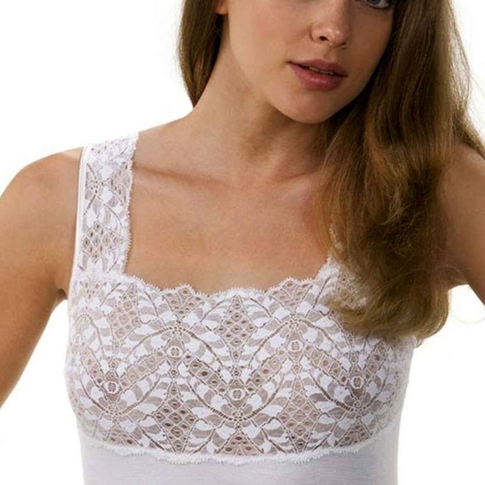 Canottiera donna Antonella a spalla larga in lana cotone con balza di pizzo