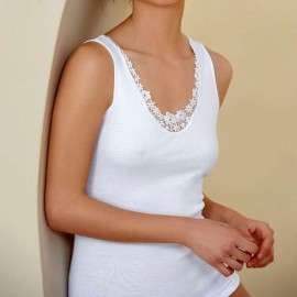 Canotta donna Antonella spalla larga in cotone con pizzo macramè