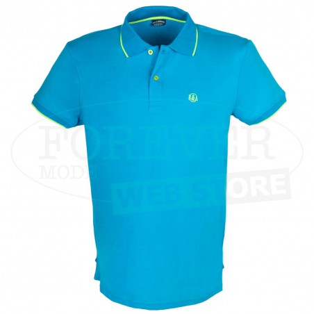 Polo uomo Baci & Abbracci con logo ricamato e stampato sul collo fluo