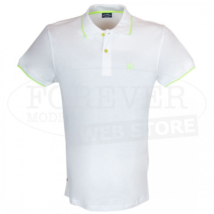 Polo uomo Baci & Abbracci con logo ricamato e stampato sul collo fluo