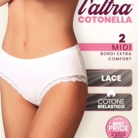 2 Slip donna Cotonella Midi in cotone, elastici comfort in vita e pizzo