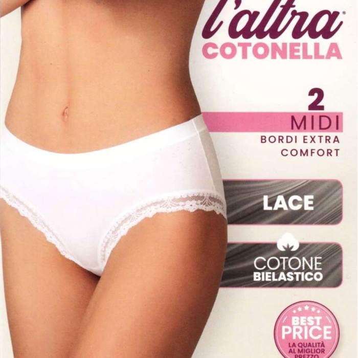 2 Slip donna Cotonella Midi in cotone, elastici comfort in vita e pizzo
