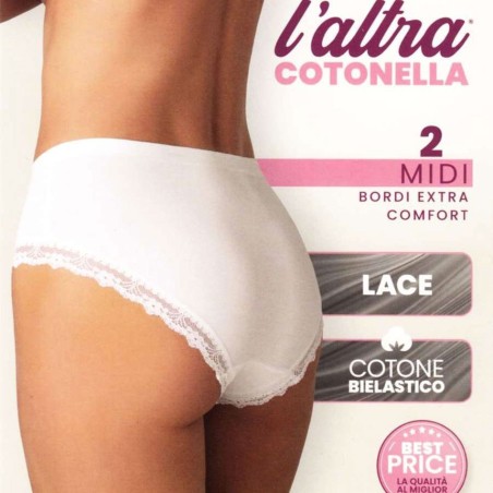 4 Slip donna Cotonella Midi in cotone, elastici comfort in vita e pizzo