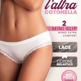 2 Slip donna Cotonella Mini in cotone, elastici comfort in vita e pizzo