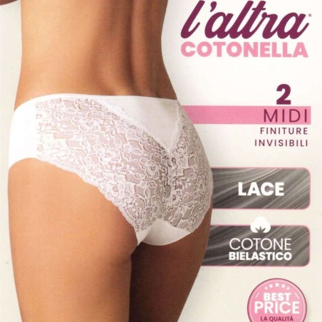 2 Slip donna Cotonella Midi in cotone invisibile con inserti pizzo dietro