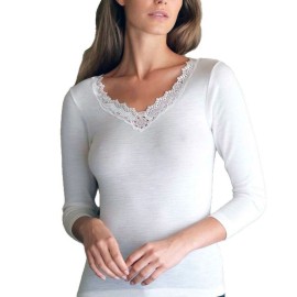 T-shirt donna Gicipi a manica lunga in caldo misto lana con pizzo macramè