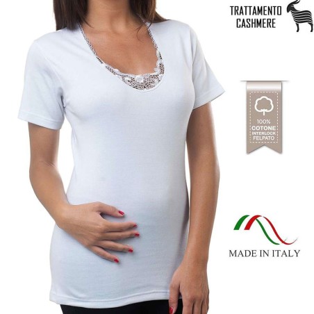 3 Maglie donna Leable manica corta in cotone caldo felpato con profili in pizzo