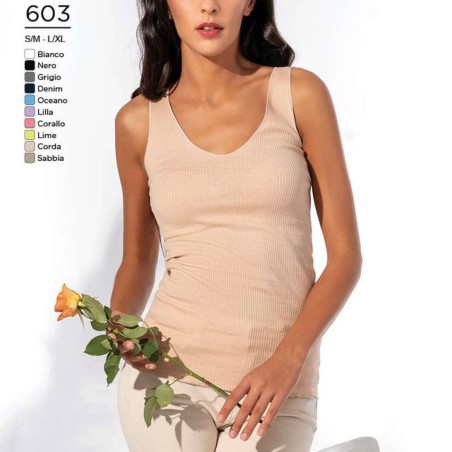 Top canottiera donna Egi Free Spirit a spalla larga in cotone con profili smerlati