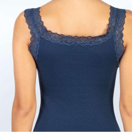 Canottiera donna Egi Free Spirit in cotone a costina con spalline e profili in pizzo