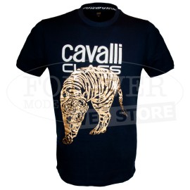 T-shirt uomo Cavalli manica corta a girocollo con stampa Tigre in oro e logo