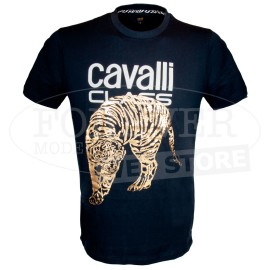 T-shirt uomo Cavalli manica corta a girocollo con stampa Tigre in oro e logo 2