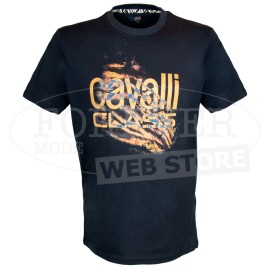 T-shirt uomo Cavalli manica corta a girocollo in cotone con stampa e logo in oro