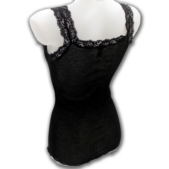 Top donna Egi a spalla stretta in lana e seta con plissè e pizzo