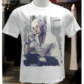 T-shirt uomo manica corta in cotone fiammato taglio vivo con Einsten tatuato