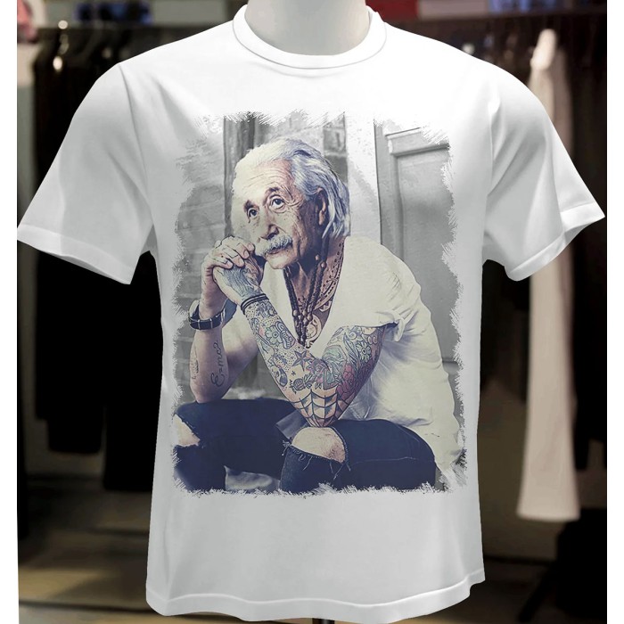 T-shirt uomo manica corta in cotone fiammato taglio vivo con Einsten tatuato