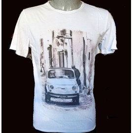 T-shirt uomo in cotone fiammato taglio vivo con stampa Fiat 500 retrò