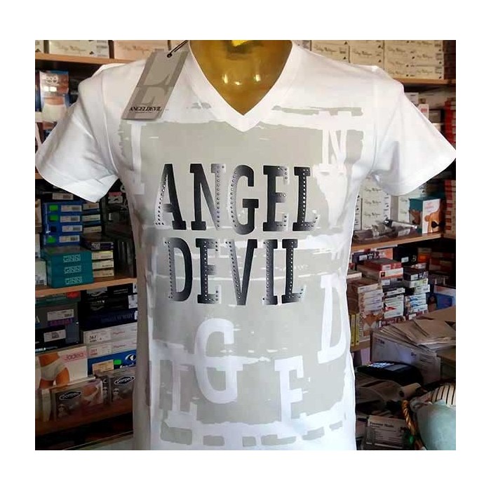 T-shirt uomo Angel Devil manica corta scollo a V con stampa logo e borchie