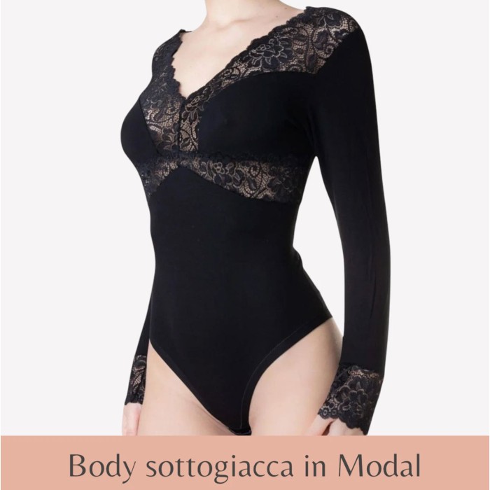 Body donna Tramonte manica lunga con scollo V in micromodal e pizzo