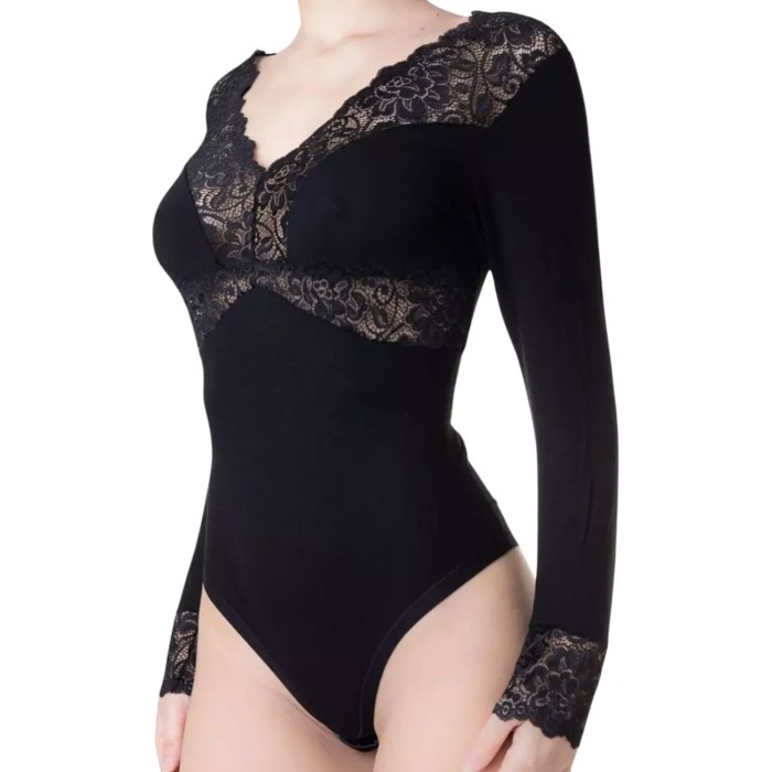 Body donna Tramonte manica lunga con scollo V in micromodal e pizzo