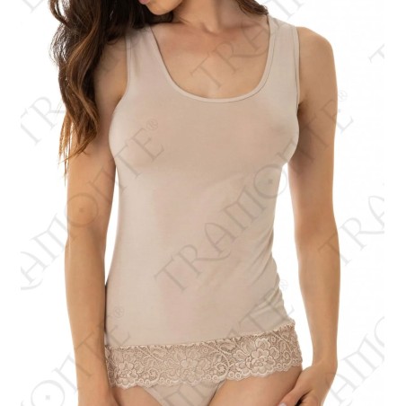 Canottiera donna Tramonte lunga spalla larga in Micromodal con pizzo sul fondo