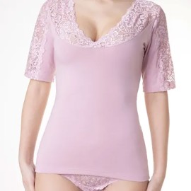 T-shirt maglia donna Tramonte manica 3/4 con scollo a V in micromodal e pizzo 2