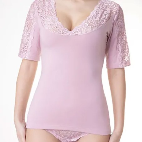 T-shirt maglia donna Tramonte manica corta girocollo in micromodal e pizzo