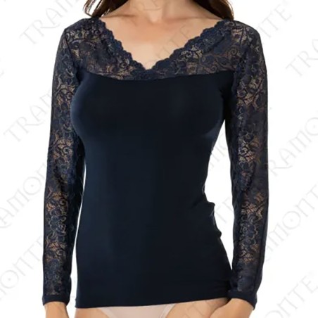 Maglia donna Tramonte maniche lunghe con scollo a V in micromodal e pizzo