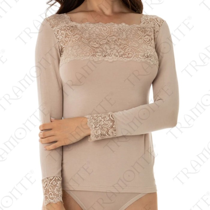 Maglia donna Tramonte manica lunga in micromodal con carrè e polsi in pizzo