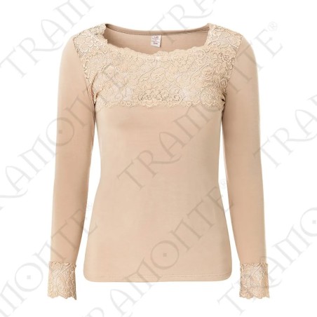 Maglia donna Tramonte manica lunga in micromodal con carré e polsi in pizzo