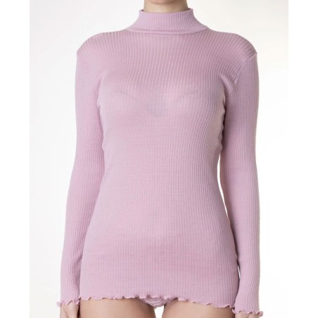 Maglia donna Tramonte manica lunga con collo lupetto in pura lana a costina