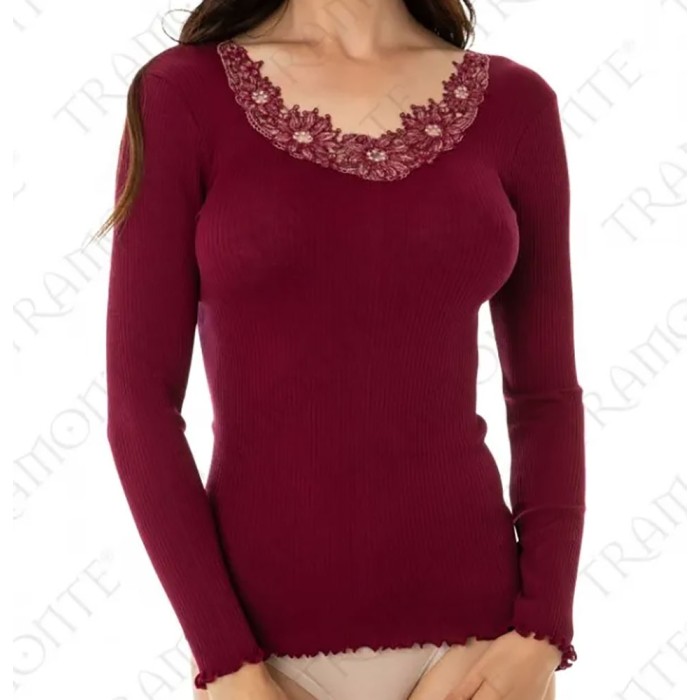 Maglia donna Tramonte manica lunga con scollo pizzo in pura lana a costina