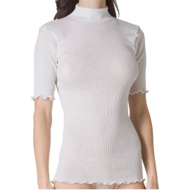 Maglia donna Tramonte manica corta con collo lupetto in pura lana a costina