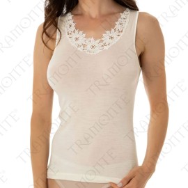 Canottiera donna Tramonte spalla larga in caldo lana seta con profilo in pizzo