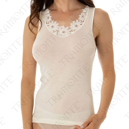 Canottiera donna Tramonte spalla larga in caldo lana seta con profilo in pizzo