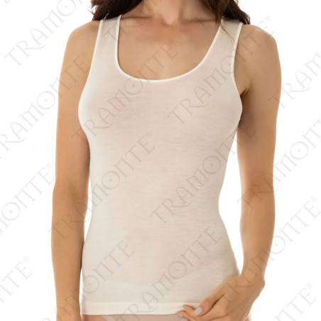 Canottiera donna Tramonte spalla larga in caldo lana seta con profilo in raso